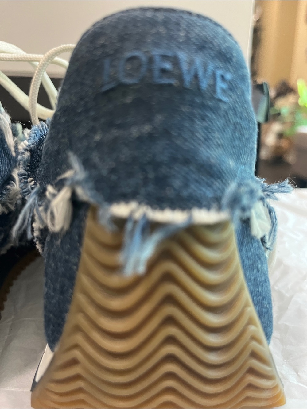 Loewe Distressed Denim Runner Sneakers in Blue with Cream Laces - Picture 6 of 12
